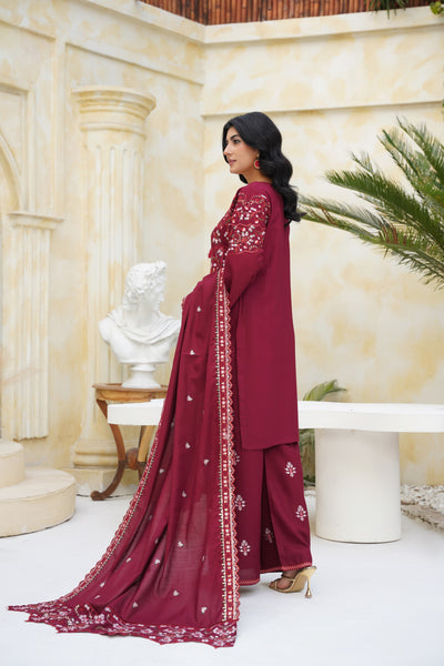 rimson Elegance – Maroon Embroidered 3Pc Suit
