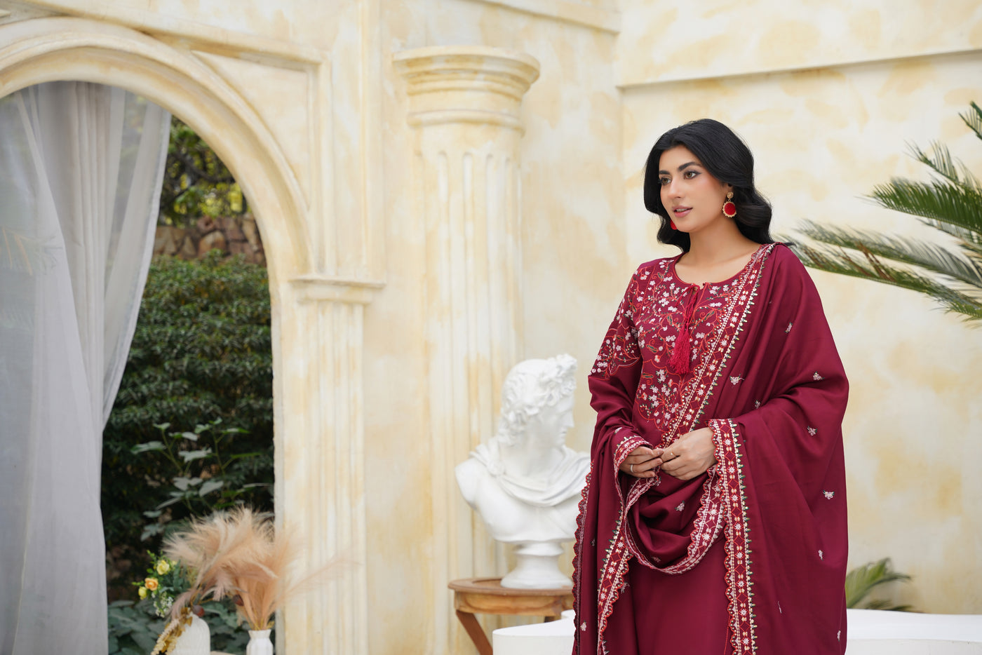 rimson Elegance – Maroon Embroidered 3Pc Suit