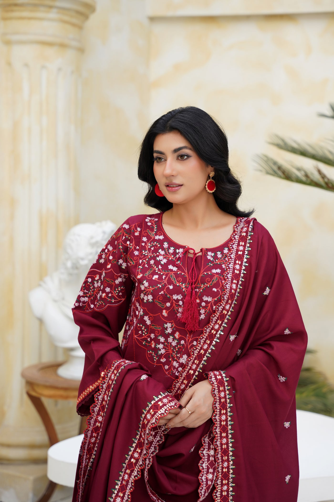 rimson Elegance – Maroon Embroidered 3Pc Suit