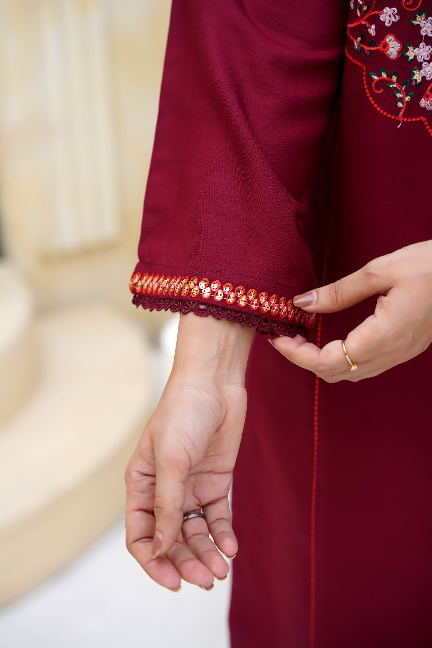 rimson Elegance – Maroon Embroidered 3Pc Suit