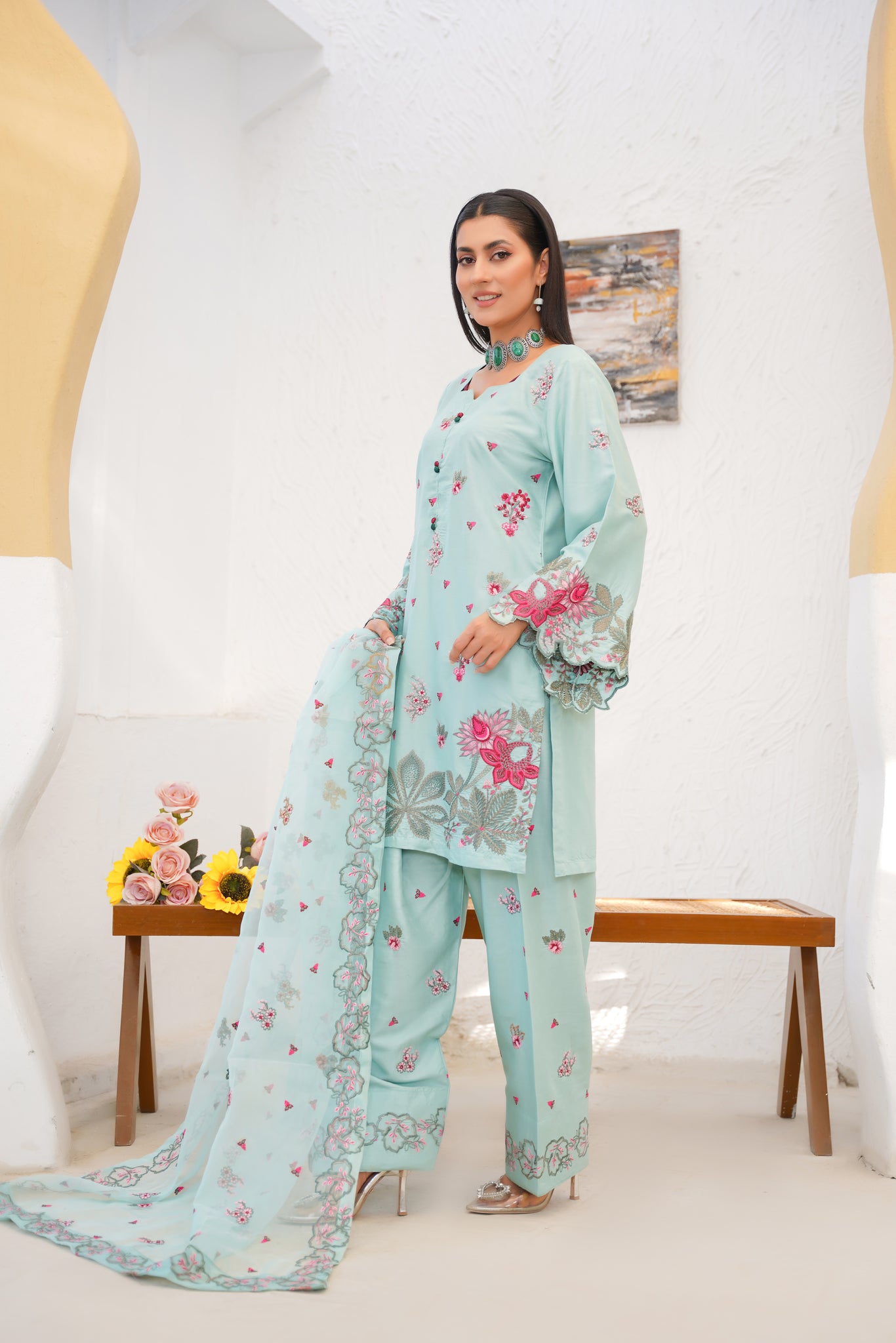 SEAfOAM GREEN   3pc - Embroidered Luxe PRET