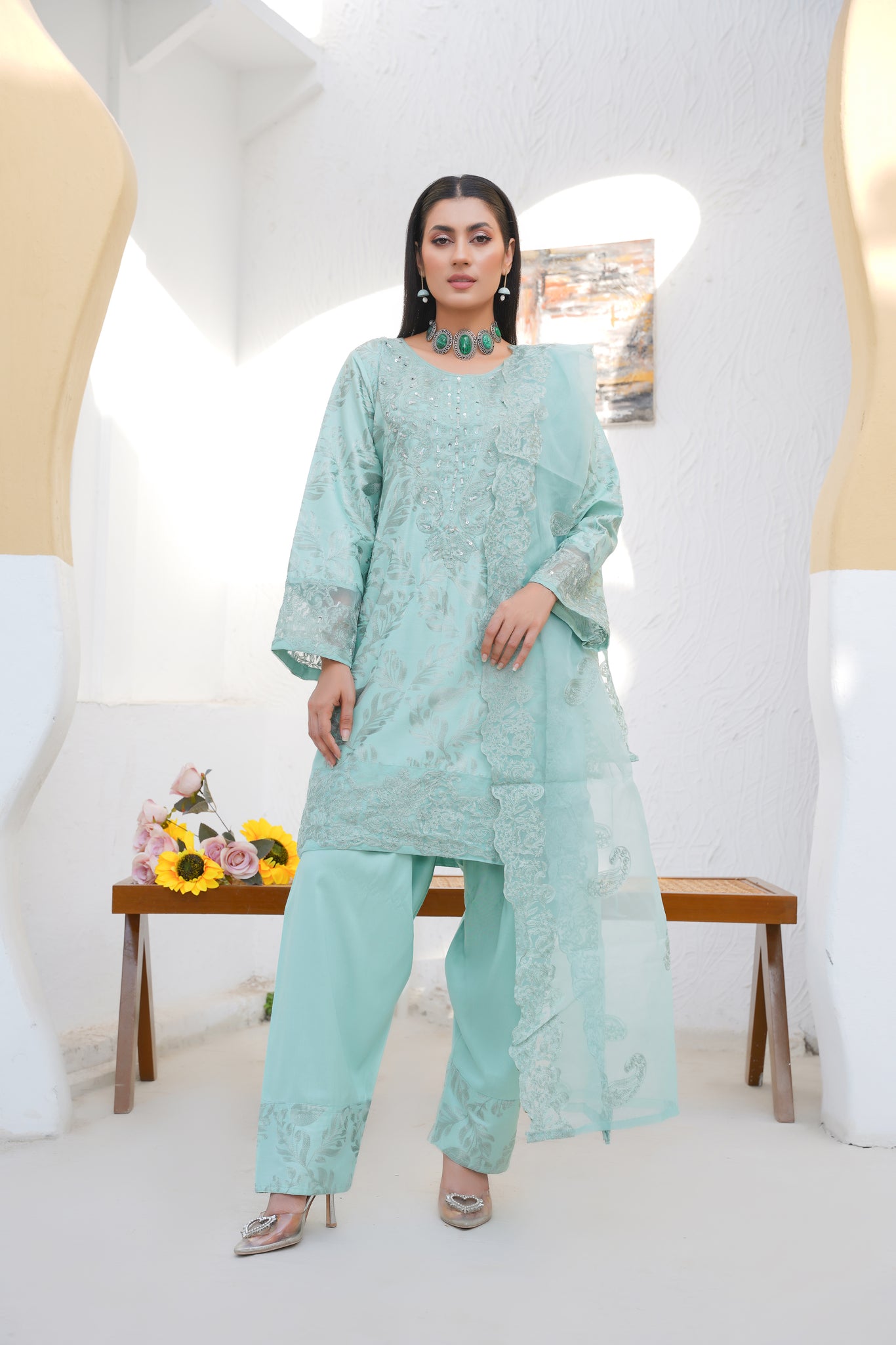 SEAfOAM GREEN   3pc - Embroidered Luxe PRET