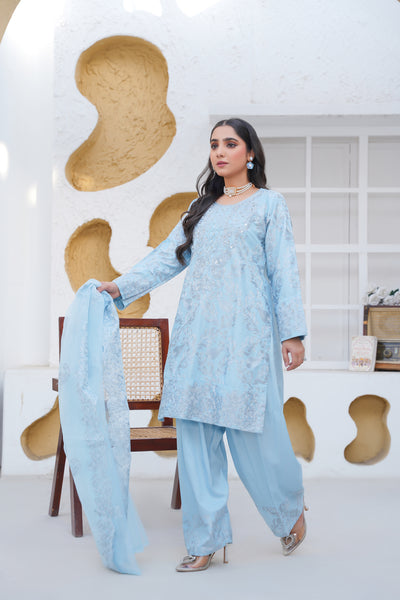 POWDER BLUE   3pc - Embroidered Luxe PRET