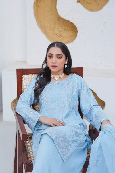 POWDER BLUE   3pc - Embroidered Luxe PRET