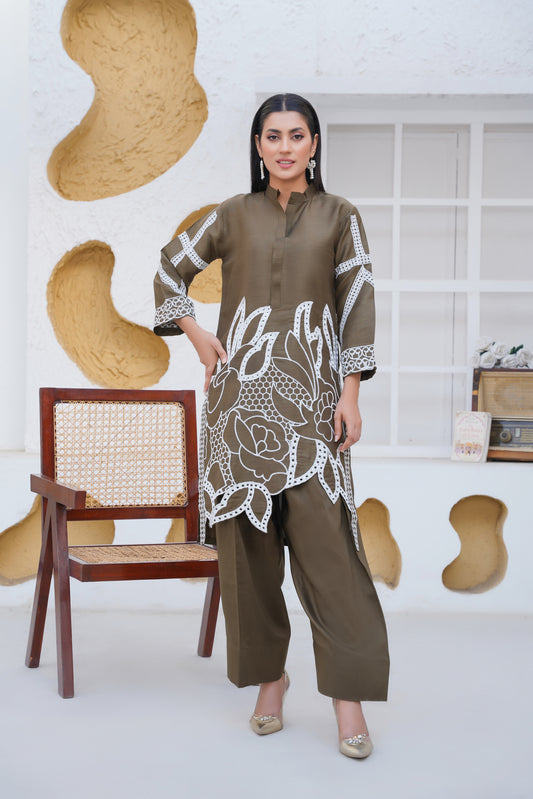 OLIVE GREEN 2Pc - Embroidered viscose Dress