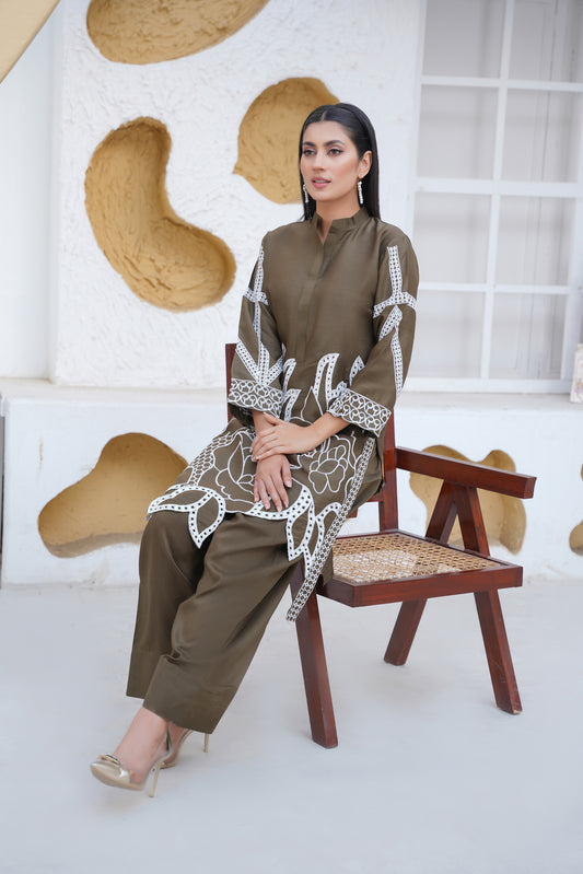 OLIVE GREEN 2Pc - Embroidered viscose Dress