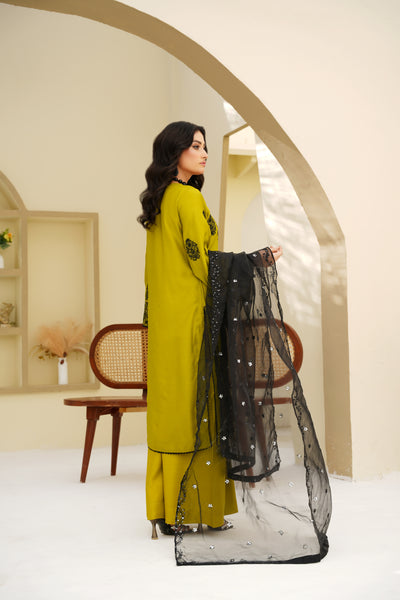 Olive Majesty – Black Embroidered Viscose 3Pc Suit