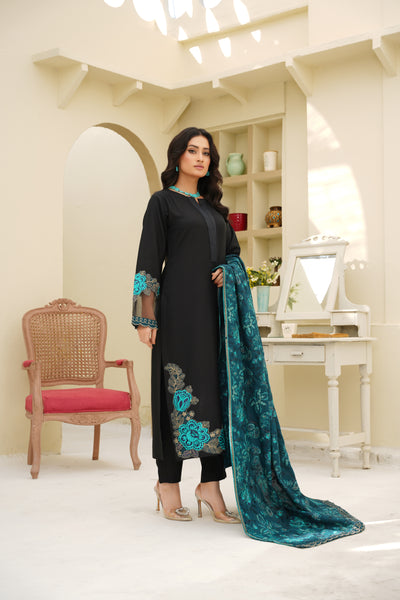 Noore – Black & Teal Blue Dhanak Suit