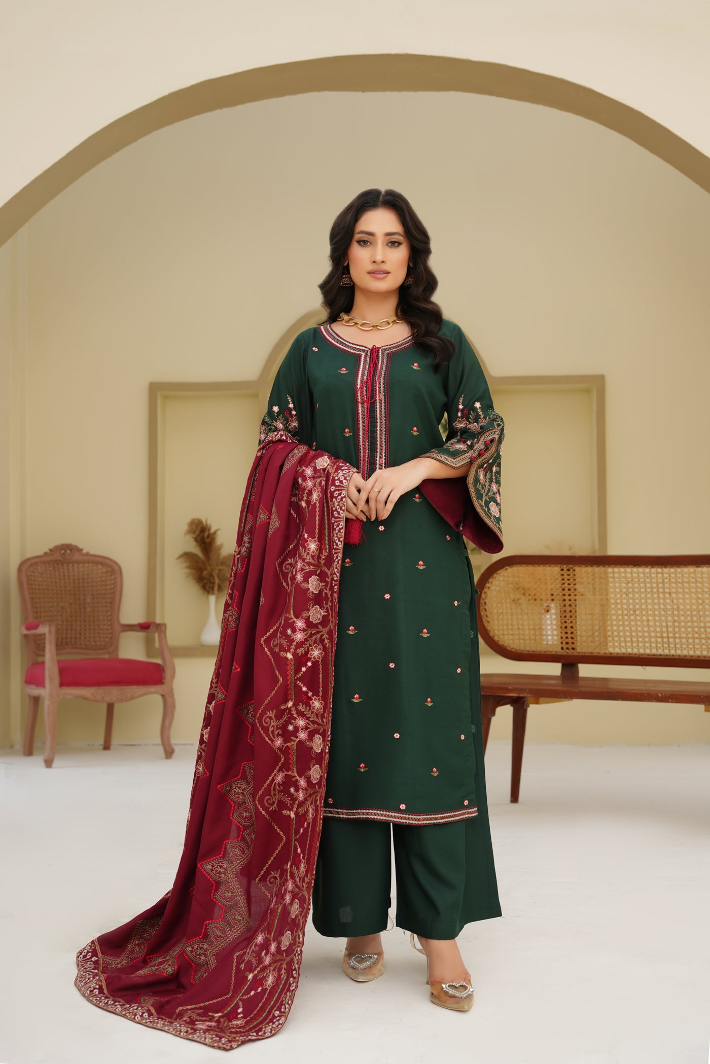 Elina – Deep Green & Maroon Dhanak 3Pc Suit