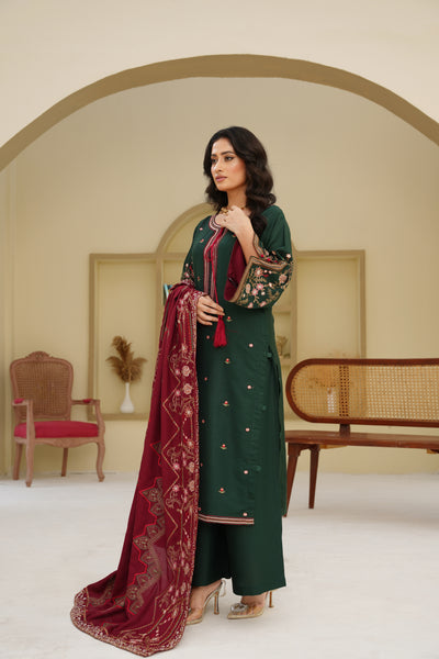 Elina – Deep Green & Maroon Dhanak 3Pc Suit