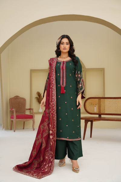 Elina – Deep Green & Maroon Dhanak 3Pc Suit