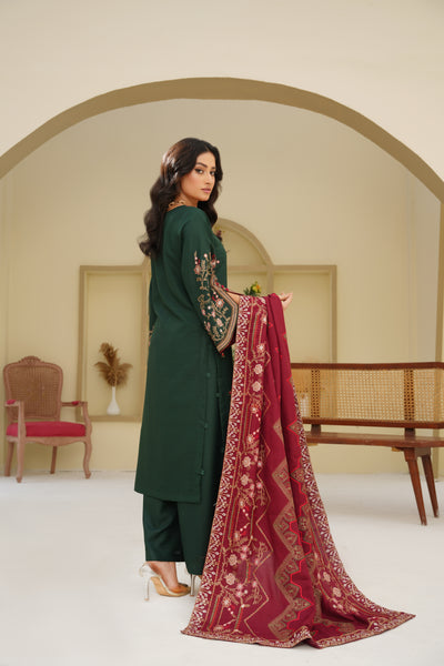 Elina – Deep Green & Maroon Dhanak 3Pc Suit