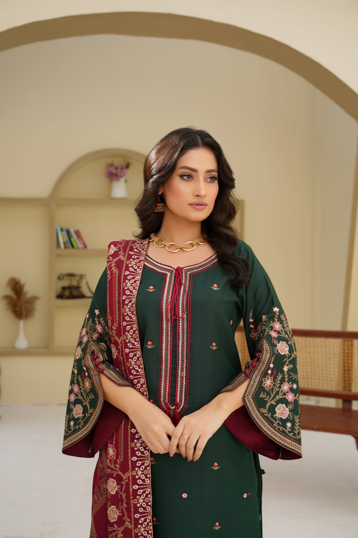 Elina – Deep Green & Maroon Dhanak 3Pc Suit