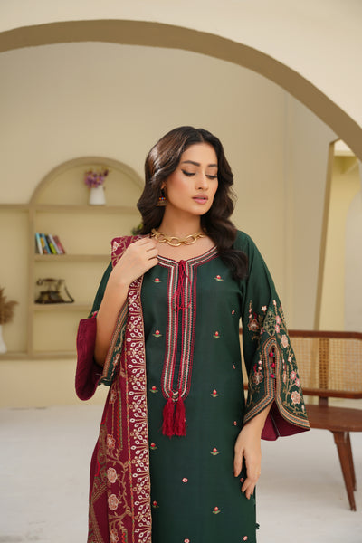 Elina – Deep Green & Maroon Dhanak 3Pc Suit