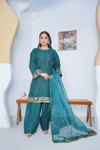 TEAL  3pc - Embroidered Luxe PRET (Copy)
