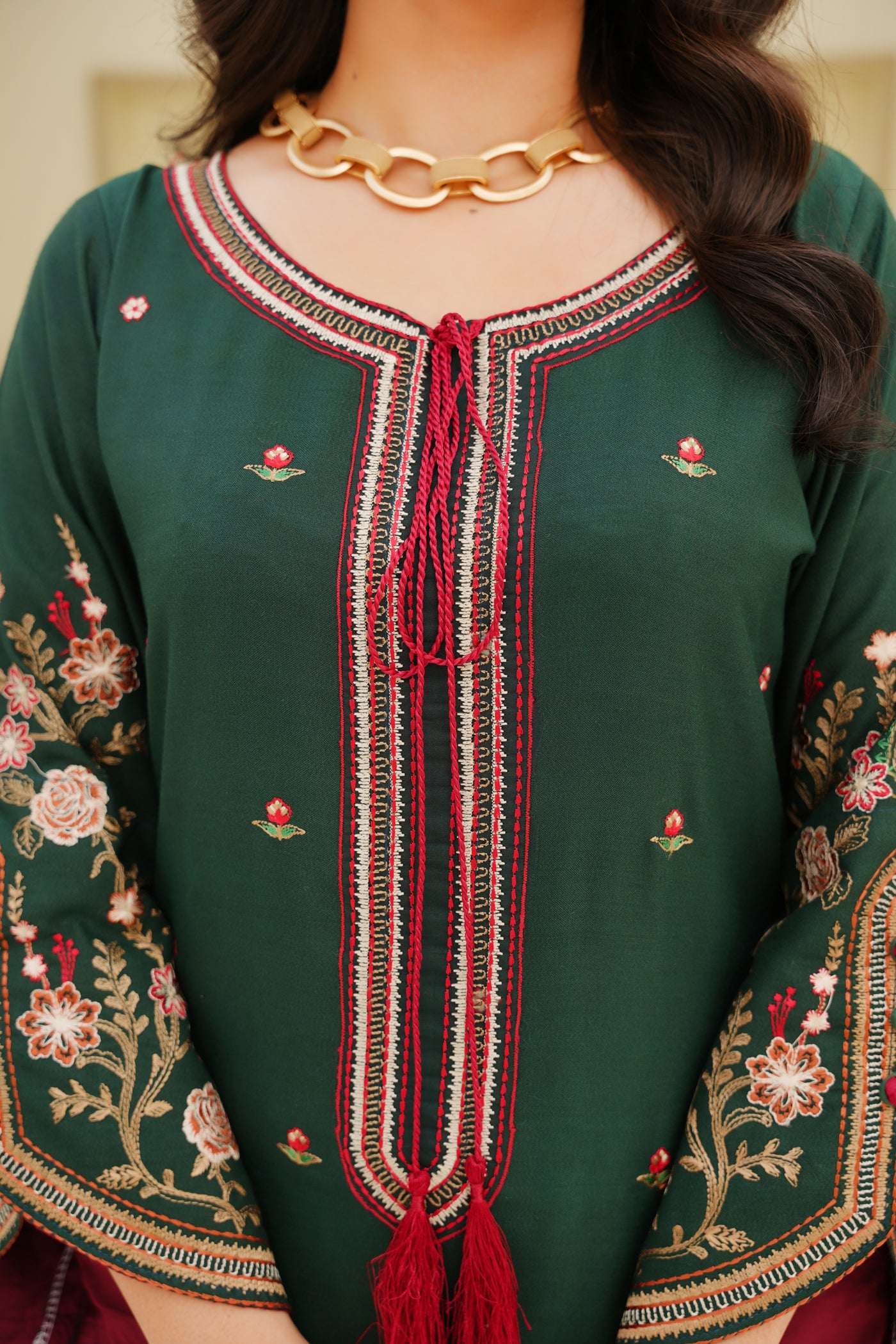 Elina – Deep Green & Maroon Dhanak 3Pc Suit