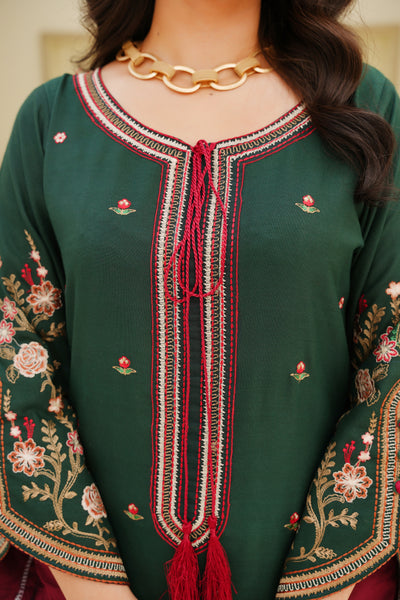 Elina – Deep Green & Maroon Dhanak 3Pc Suit
