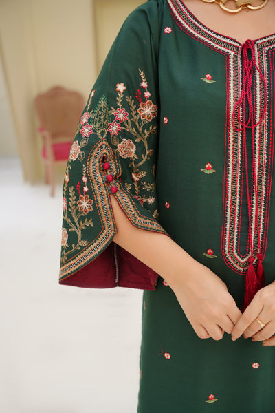 Elina – Deep Green & Maroon Dhanak 3Pc Suit