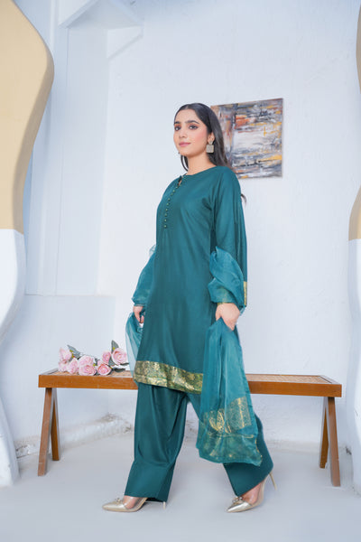 TEAL  3pc - Embroidered Luxe PRET (Copy)