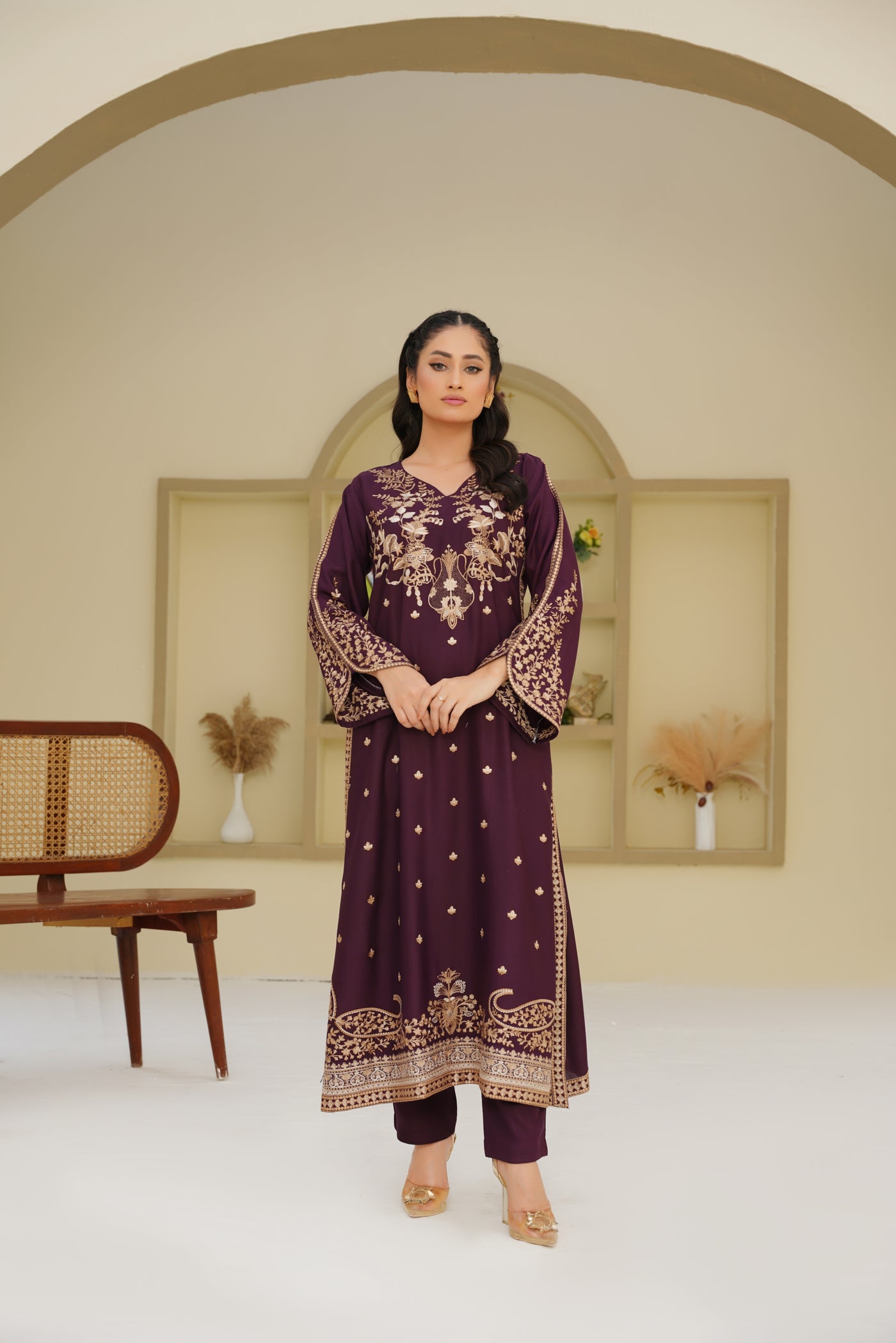Mahira – Plum Gold Embroidered Pc Suit
