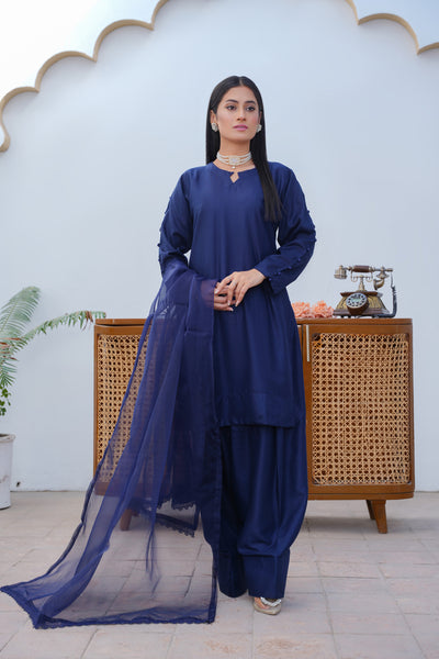 NAVY BLUE  3pc - Embroidered Luxe PRET