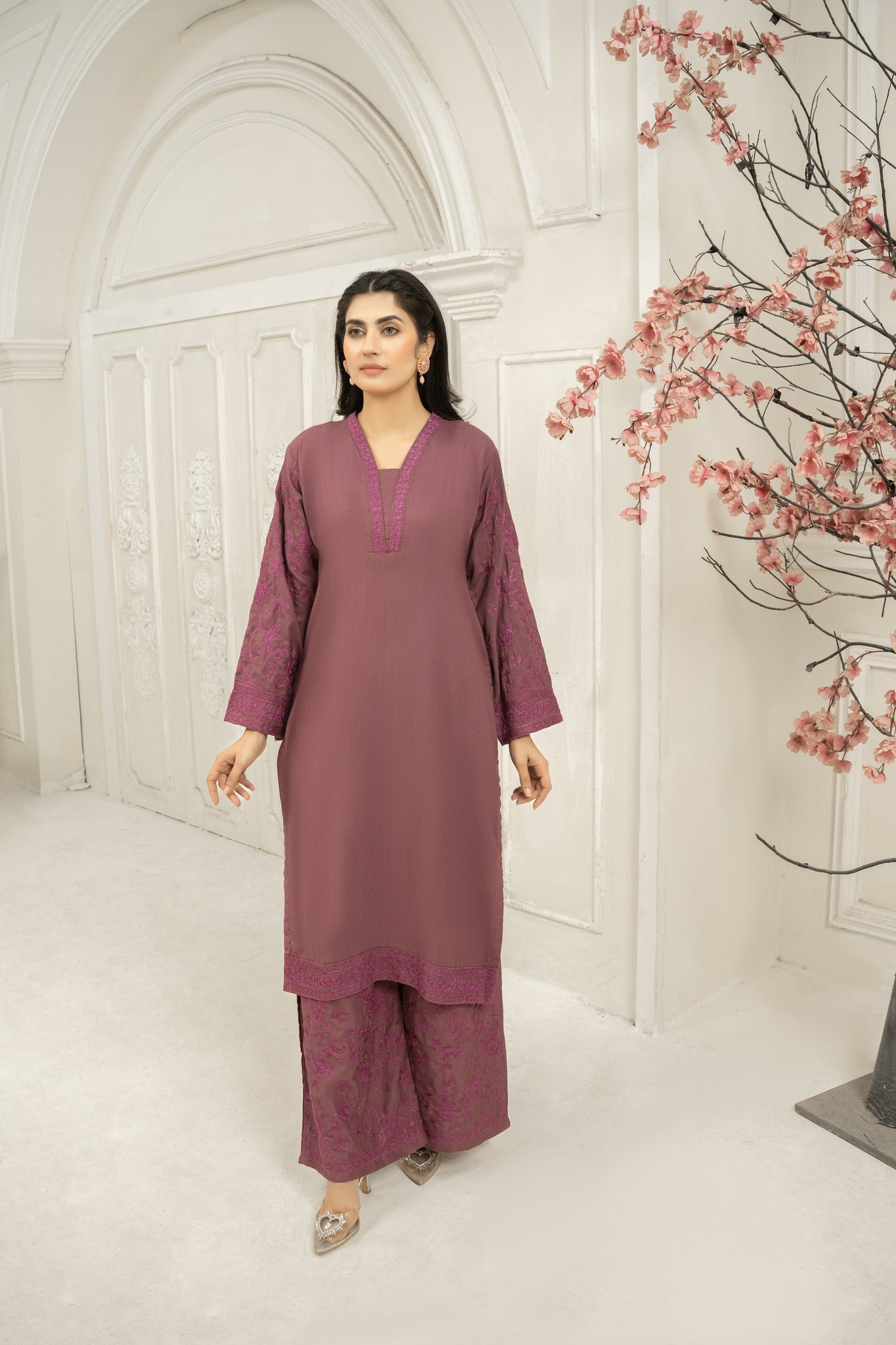 solid mauve  Co-ord  | dhanak embroidered Co-ord set