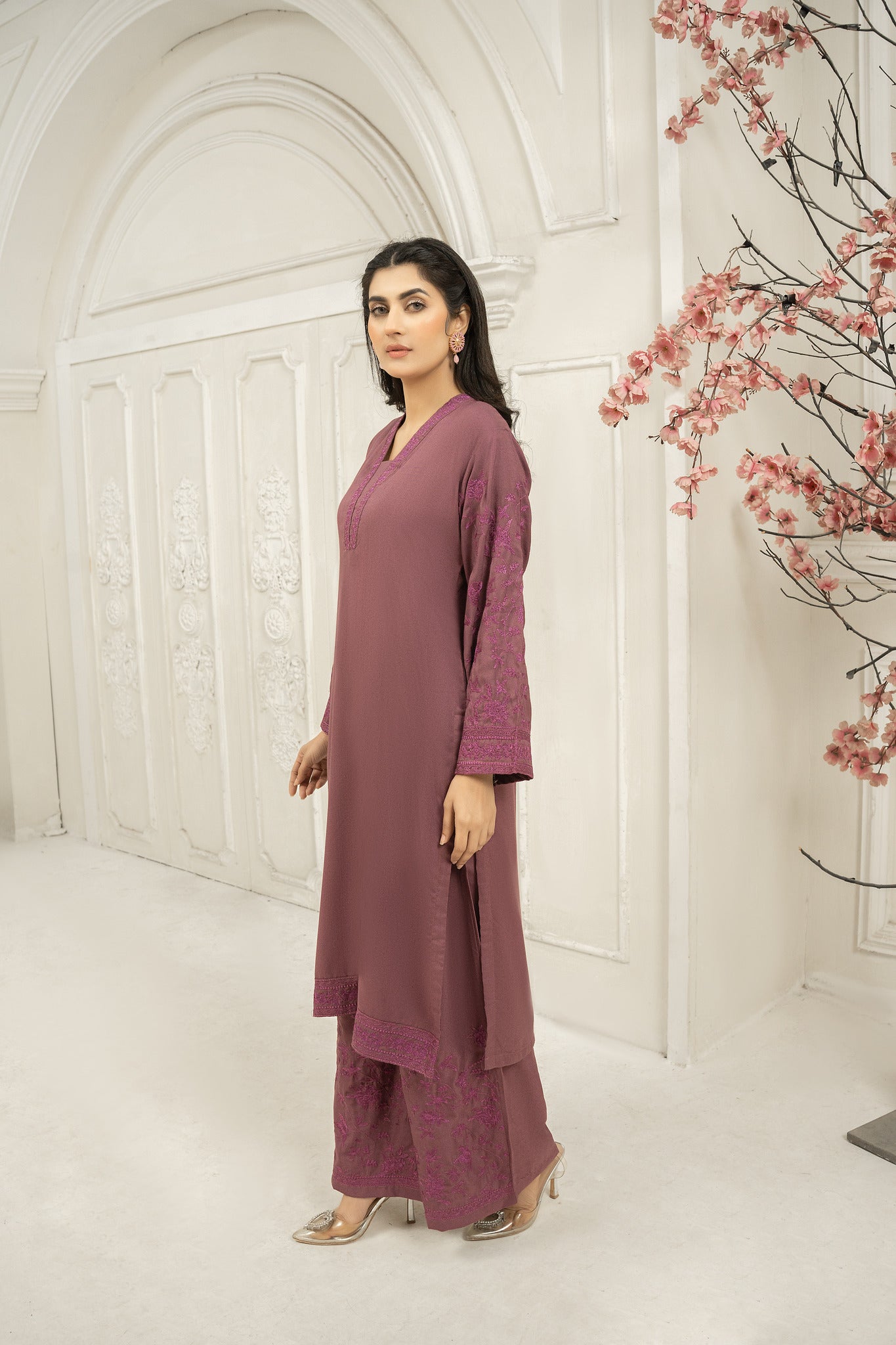 solid mauve  Co-ord  | dhanak embroidered Co-ord set