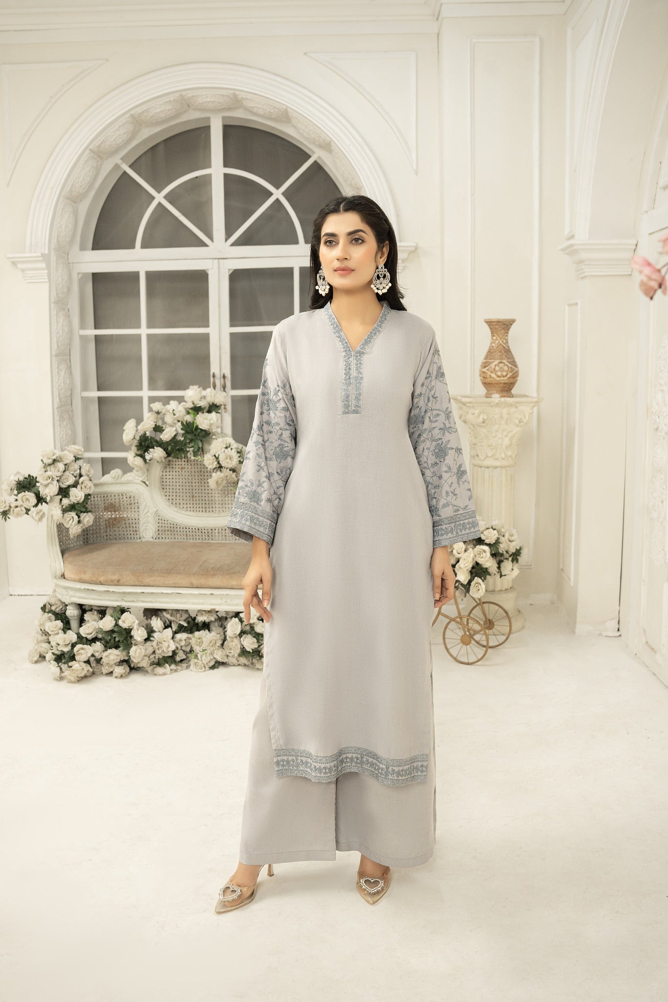 solid grey  Co-ord  | dhanak embroidered Co-ord set