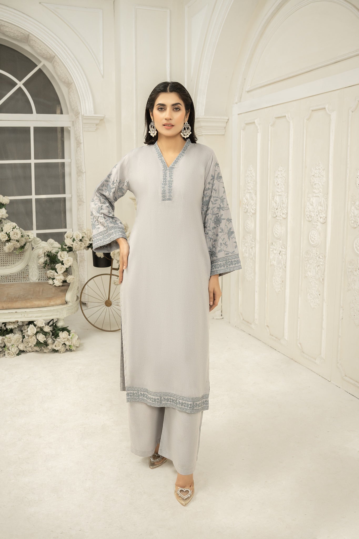 solid grey  Co-ord  | dhanak embroidered Co-ord set