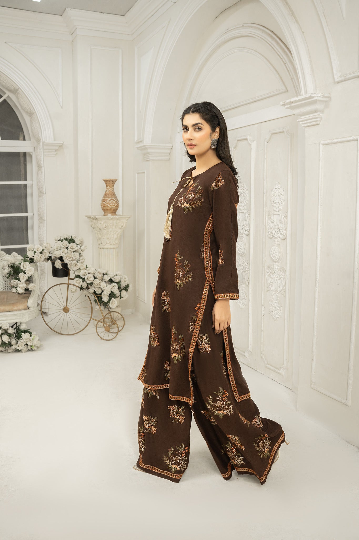 Solid Co-ord brown embroidered | Co-ord suit