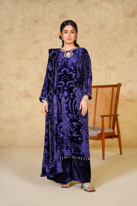 3pc Royal Amethyst Premium Designing Velvet Suit