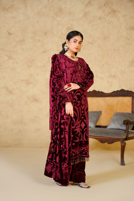 3pc Regal Wine Velvet Suit – Timeless Festive Charm