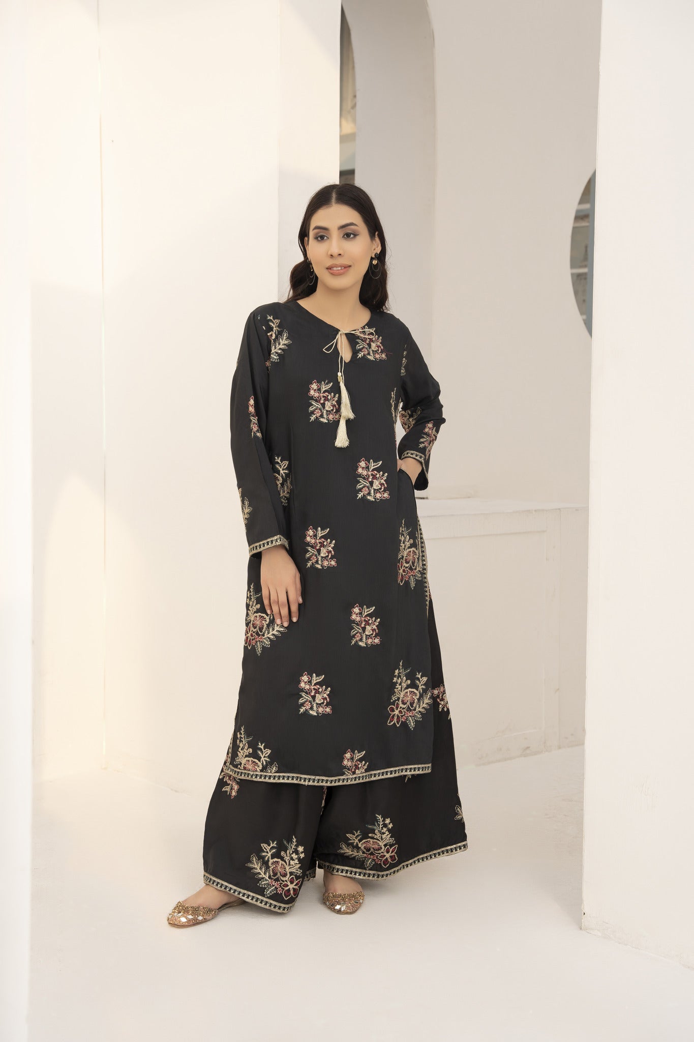 charcoal black 2pc embroidered suit