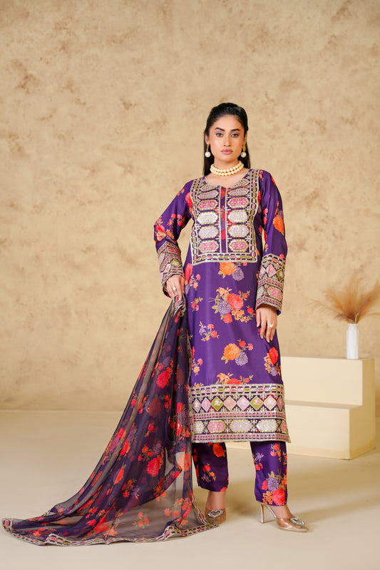 Mystic Purple – Embroidered viscose Digital Print 3Pc Suit