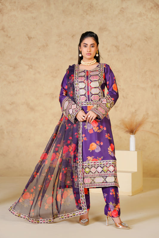 Mystic Purple – Embroidered viscose Digital Print 3Pc Suit