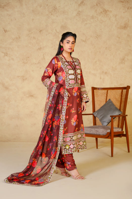 Crimson Charm – Embroidered viscose  Digital Print 3Pc Suit