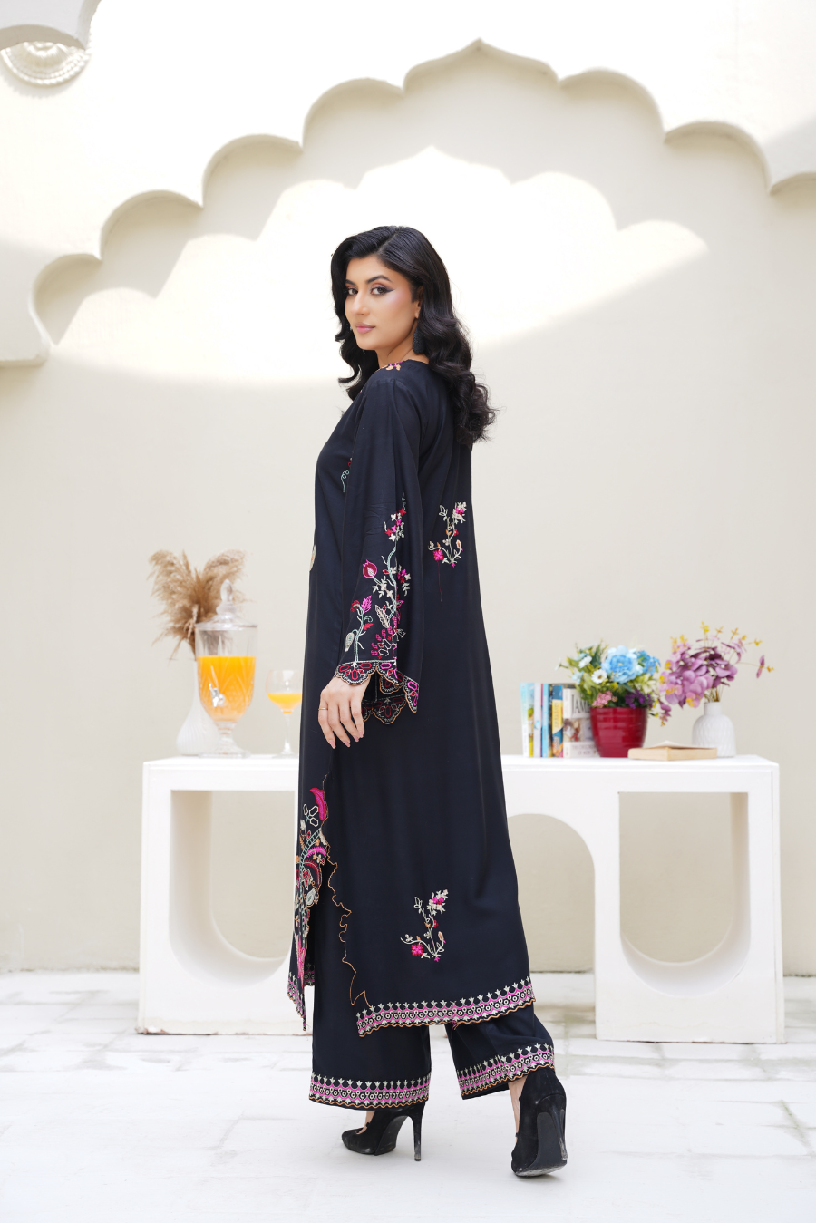 Elena – Black & Pink Embroidered Viscose 3Pc Suit
