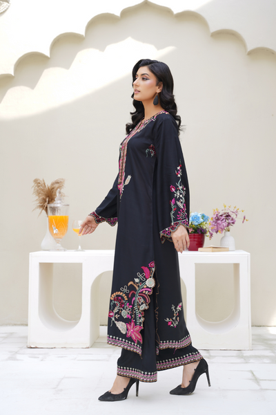 Elena – Black & Pink Embroidered Viscose 3Pc Suit