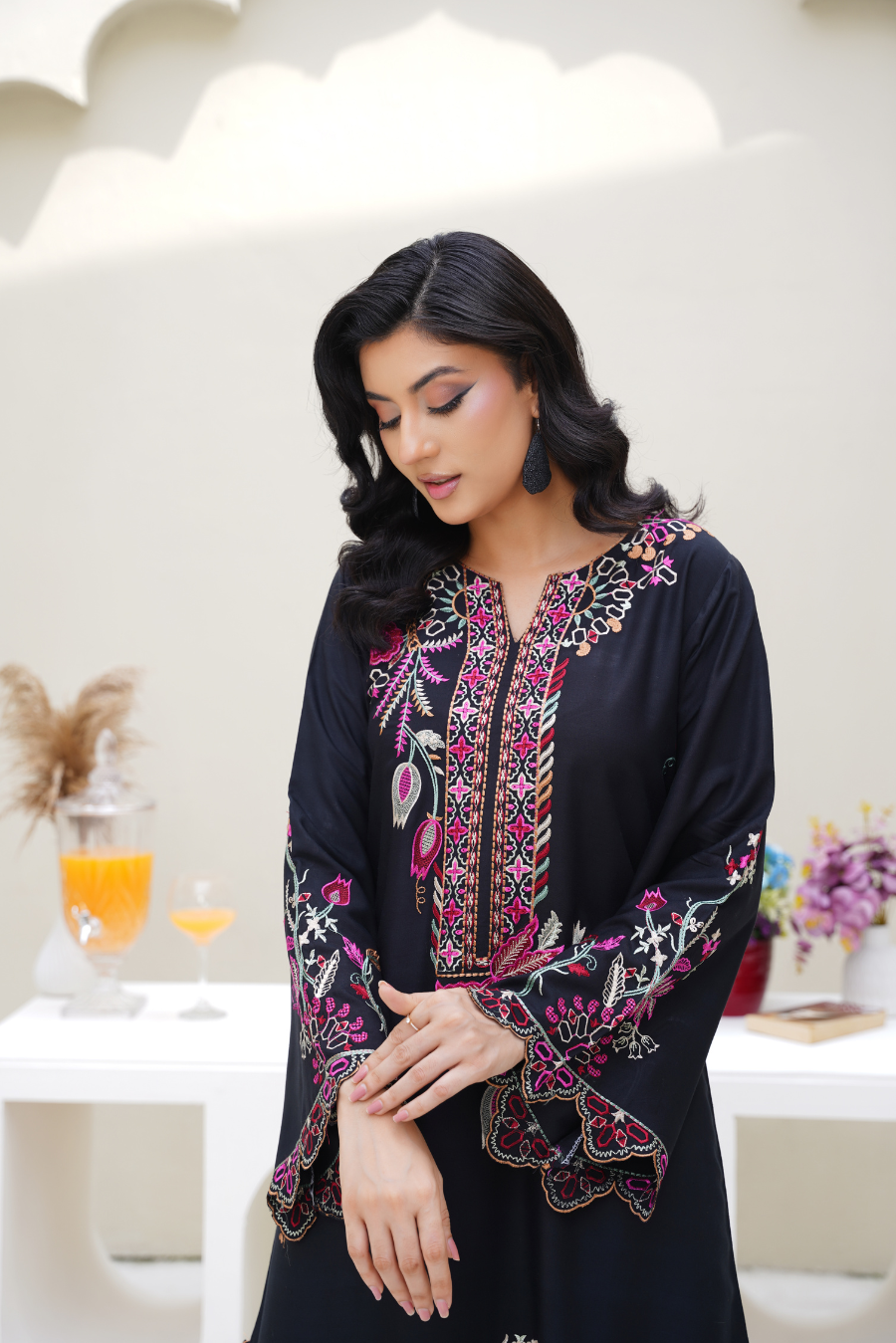 Elena – Black & Pink Embroidered Viscose 3Pc Suit