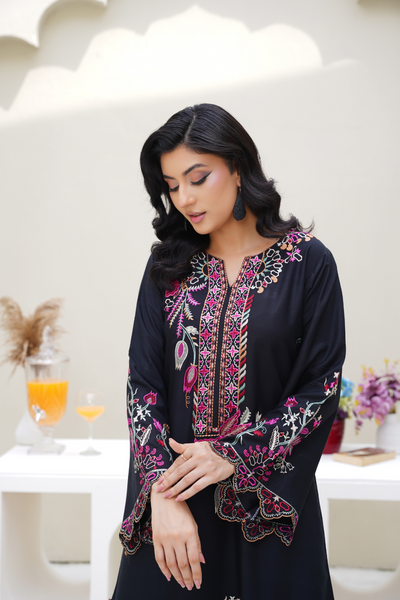 Elena – Black & Pink Embroidered Viscose 3Pc Suit