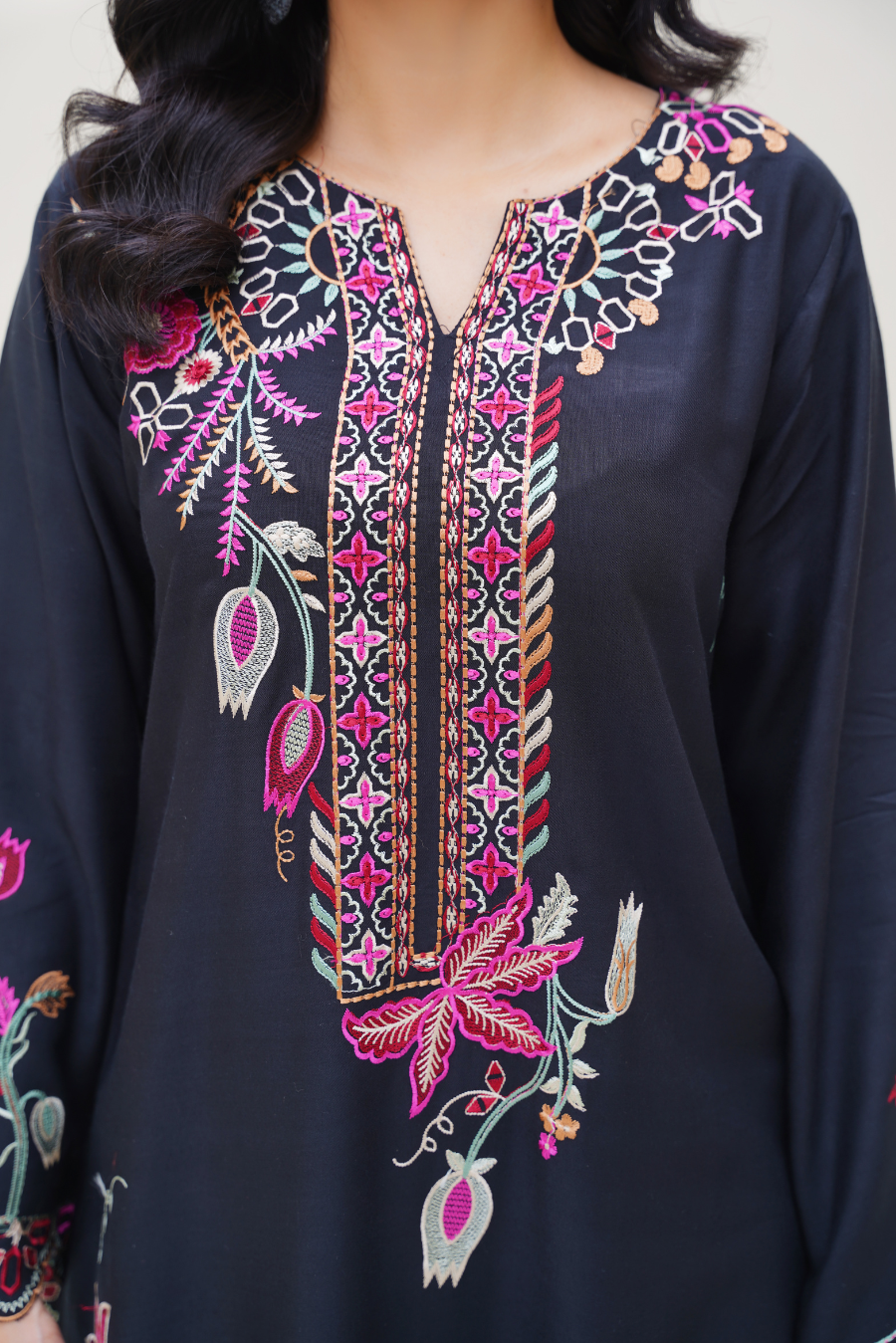 Elena – Black & Pink Embroidered Viscose 3Pc Suit