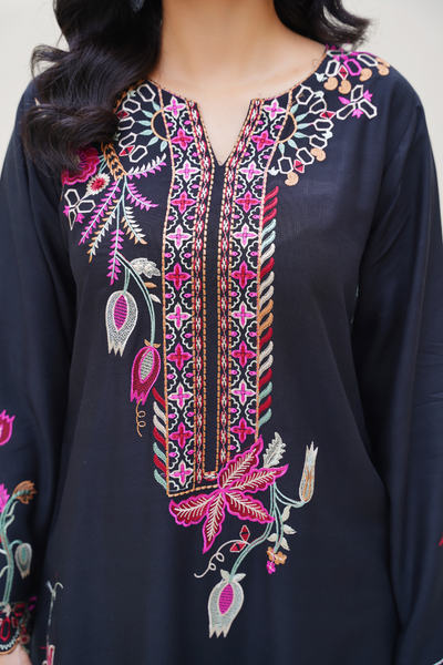 Elena – Black & Pink Embroidered Viscose 3Pc Suit