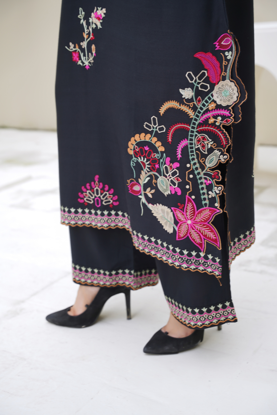 Elena – Black & Pink Embroidered Viscose 3Pc Suit