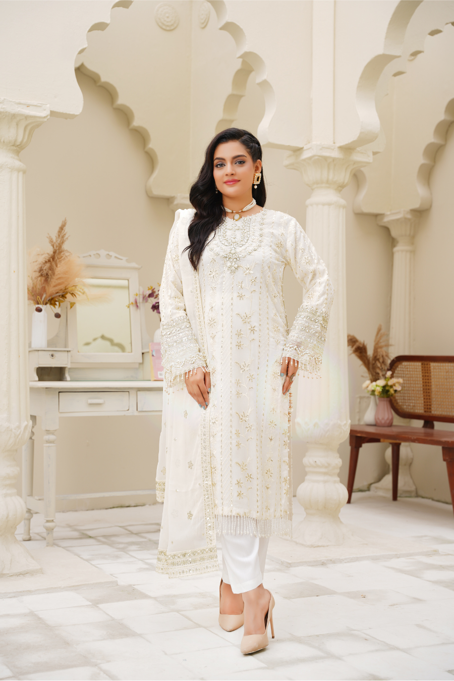 Aurora – Ivory Gold Embroidered 3Pc Suit | Viscose Pret