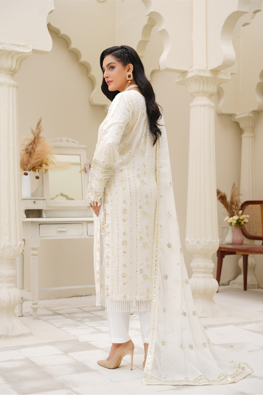 Aurora – Ivory Gold Embroidered 3Pc Suit | Viscose Pret