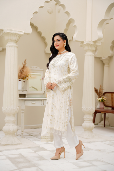 Aurora – Ivory Gold Embroidered 3Pc Suit | Viscose Pret