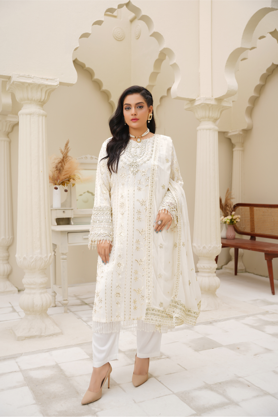 Aurora – Ivory Gold Embroidered 3Pc Suit | Viscose Pret