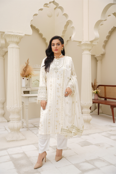 Aurora – Ivory Gold Embroidered 3Pc Suit | Viscose Pret