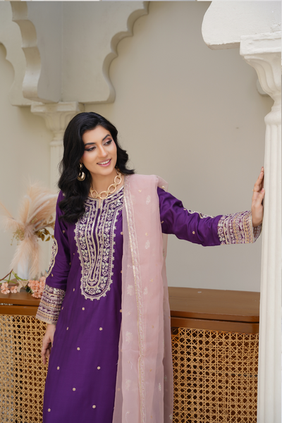 Liyana – Purple Embroidered 3Pc Suit with Dupatta | Festive Pret