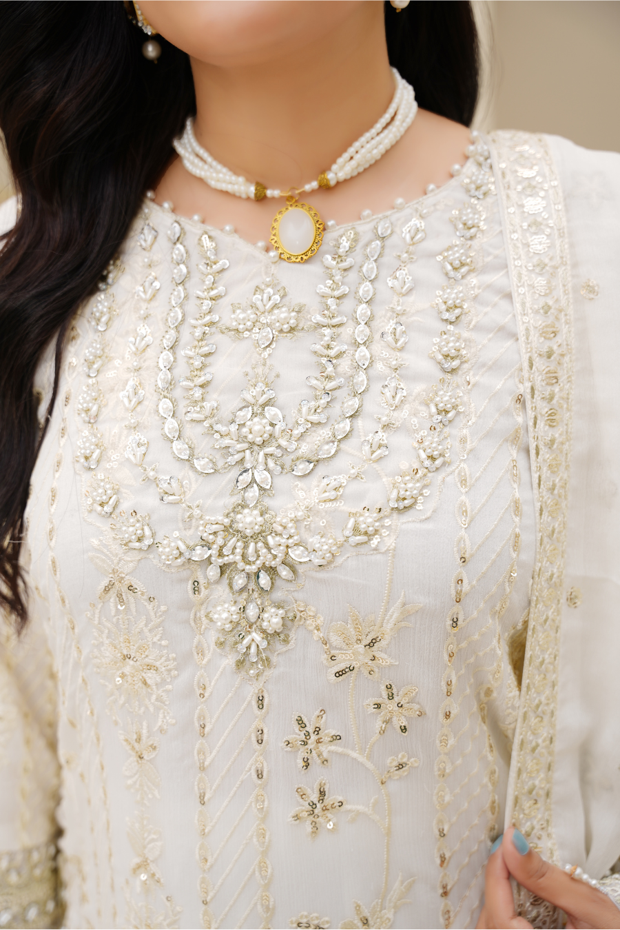 Aurora – Ivory Gold Embroidered 3Pc Suit | Viscose Pret